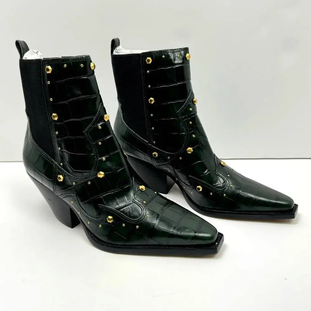 NEW Vince Camuto Norley Dark Green Crocodile Leather Gold Studded Ankle Booties